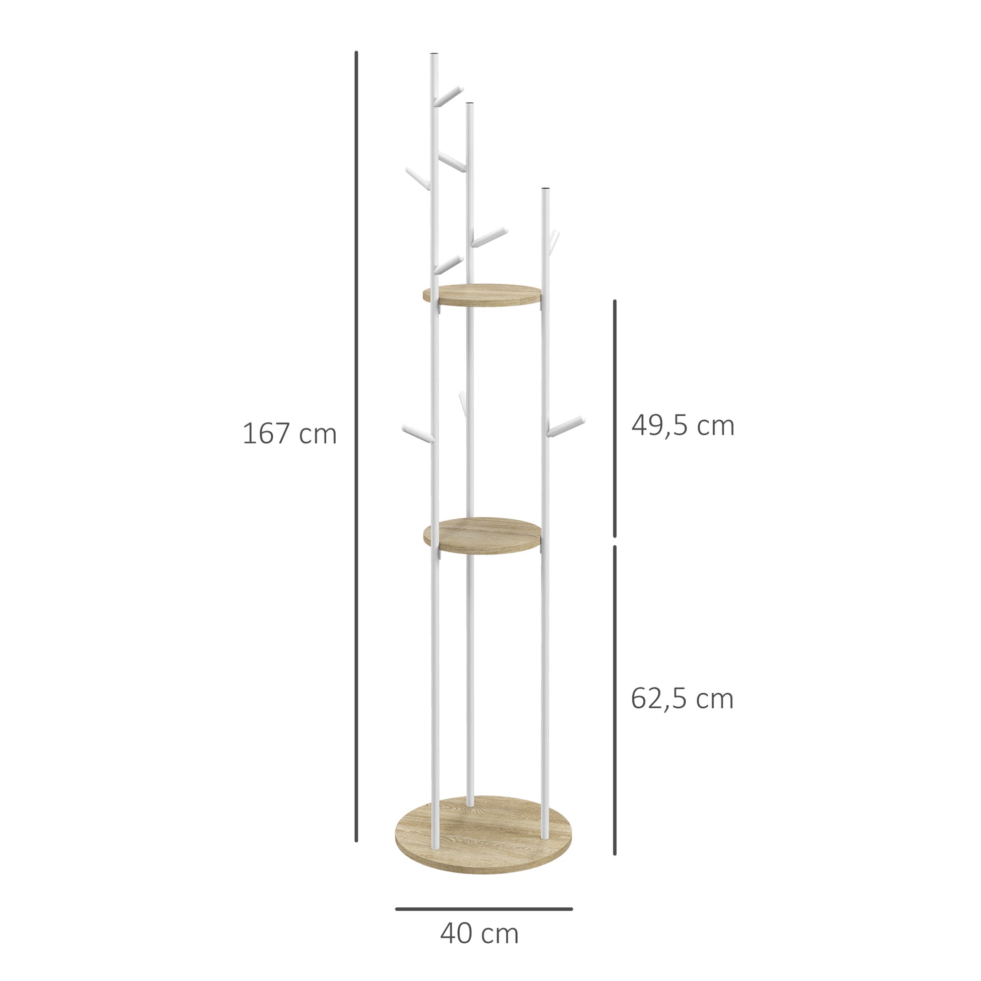 Freestanding coat rack entryway furniture in steel with 9 hooks and 2 round shelves - Ø 40 x 167 cm natural and white
