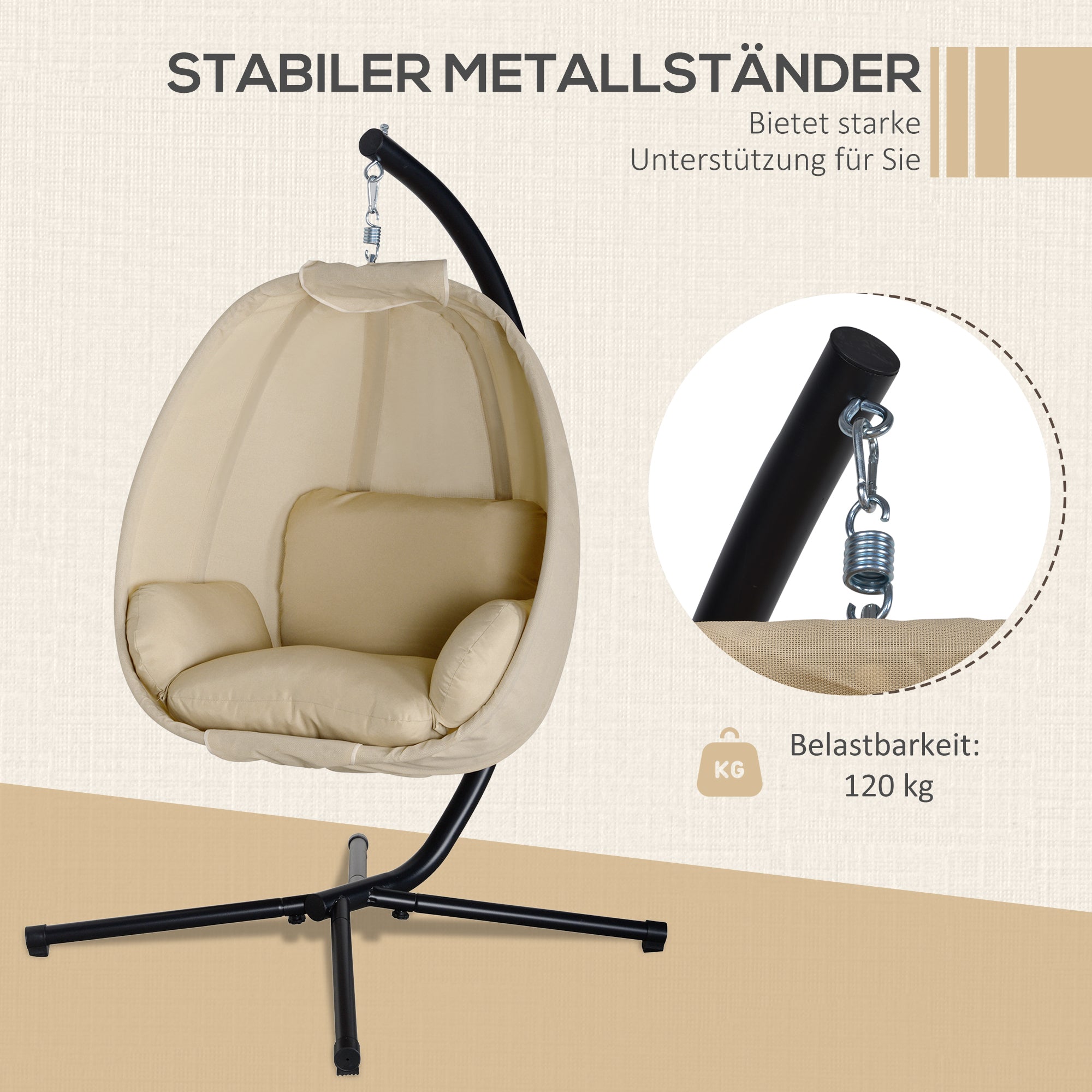 Egg-Shaped Hanging Chair for Outdoor, Hanging Swing with Removable Washable Seat, Stand, Hammock, Swing Chair for Indoor Outdoor, Patio, Garden, Khaki