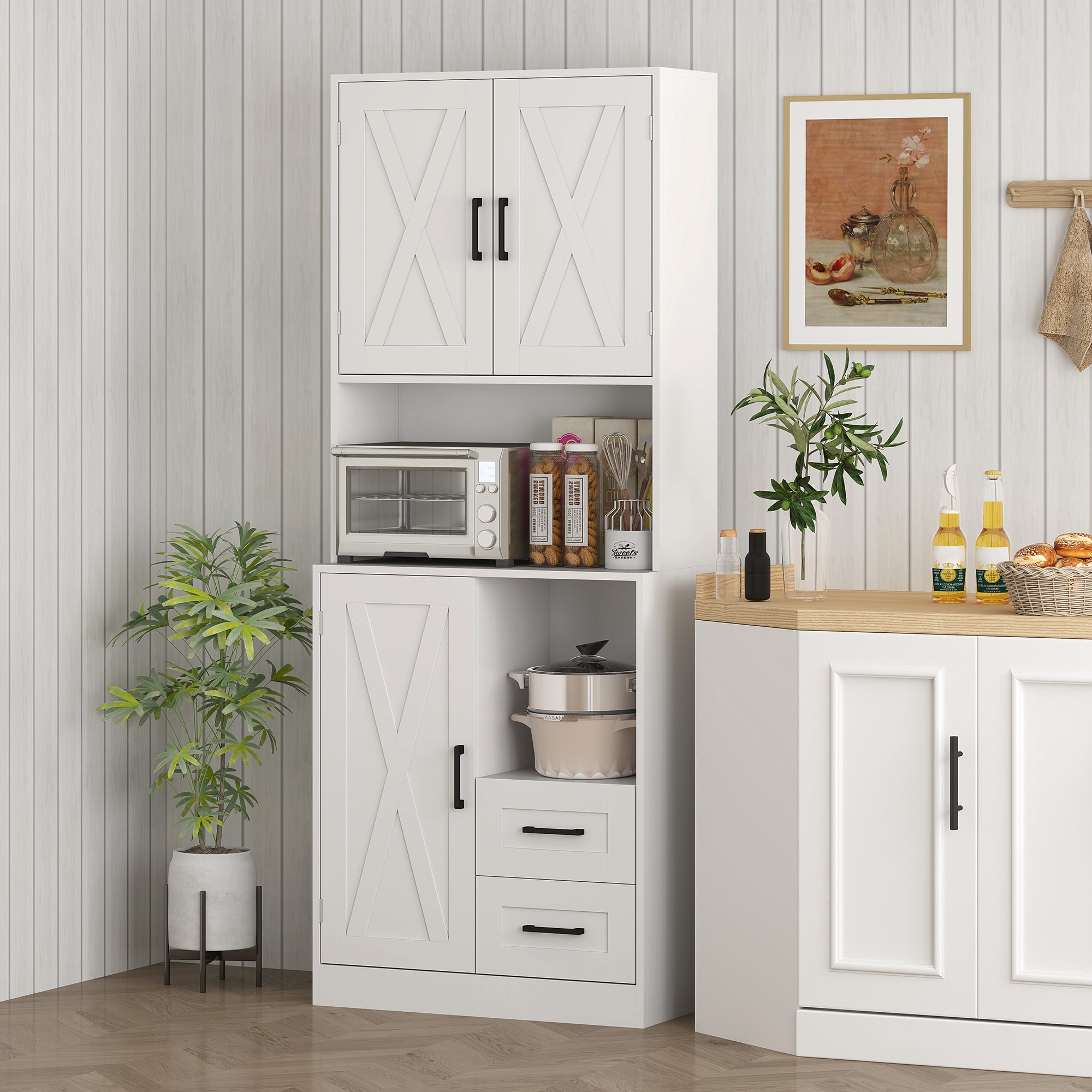 Rustic Kitchen Pantry Kitchen Cabinet Kitchen Storage Cabinet with 3 Doors Open Compartments 2 Drawers Cable Hole and Adjustable Shelves 70x40x180 cm White
