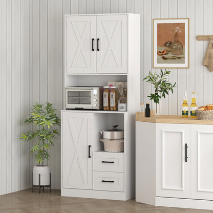 Rustic Kitchen Pantry Kitchen Cabinet Kitchen Storage Cabinet with 3 Doors Open Compartments 2 Drawers Cable Hole and Adjustable Shelves 70x40x180 cm White