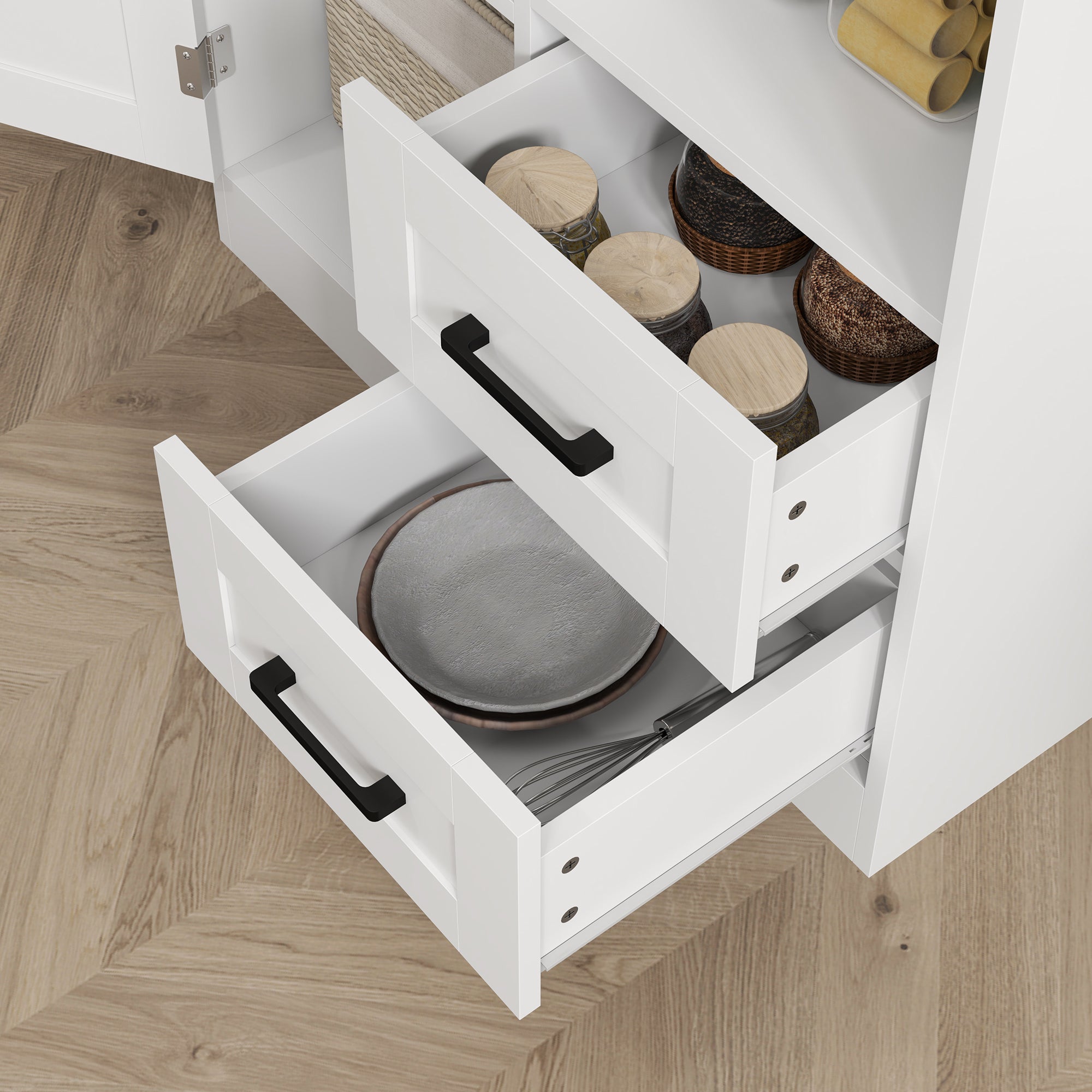 Rustic Kitchen Pantry Kitchen Cabinet Kitchen Storage Cabinet with 3 Doors Open Compartments 2 Drawers Cable Hole and Adjustable Shelves 70x40x180 cm White