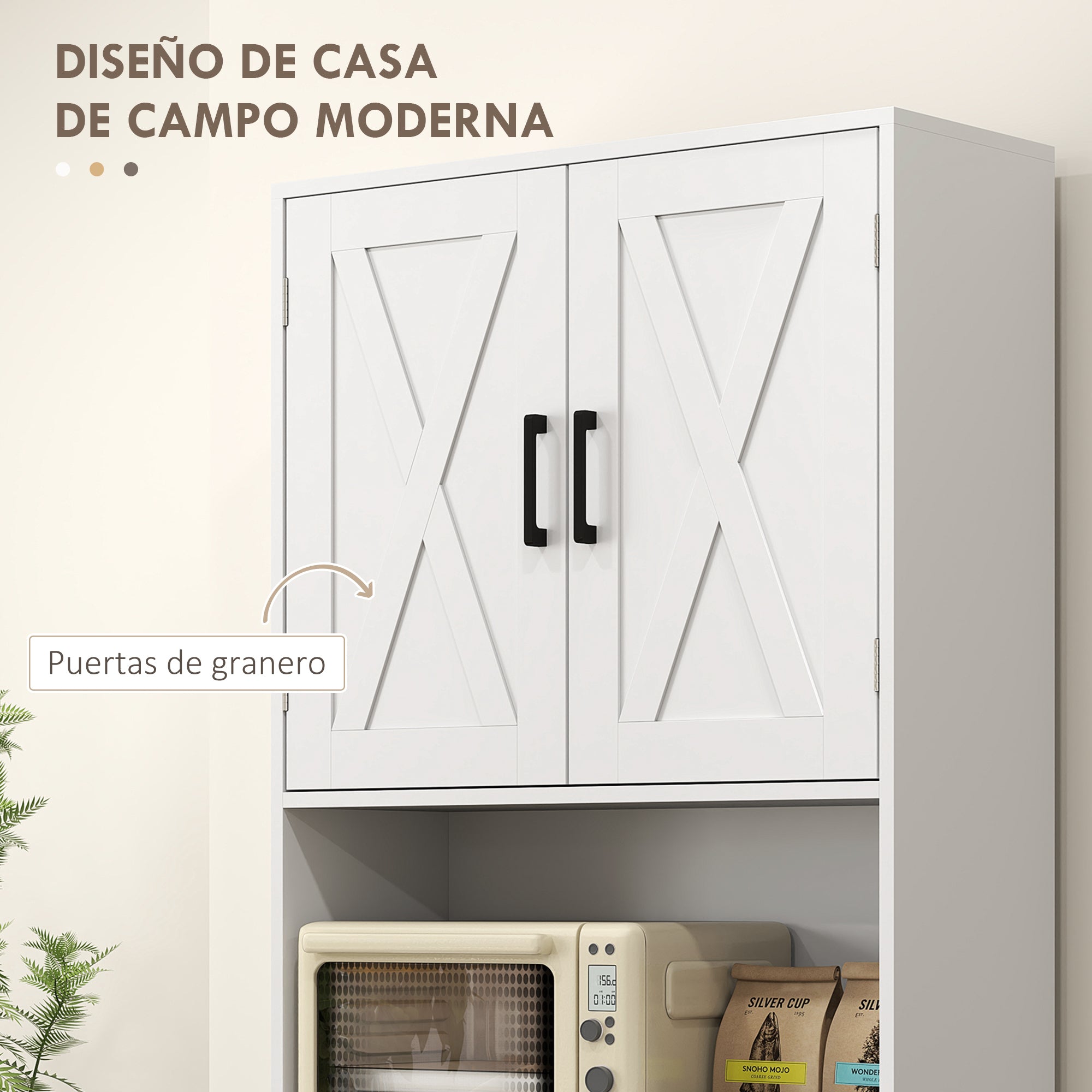 Rustic Kitchen Pantry Kitchen Cabinet Kitchen Storage Cabinet with 3 Doors Open Compartments 2 Drawers Cable Hole and Adjustable Shelves 70x40x180 cm White