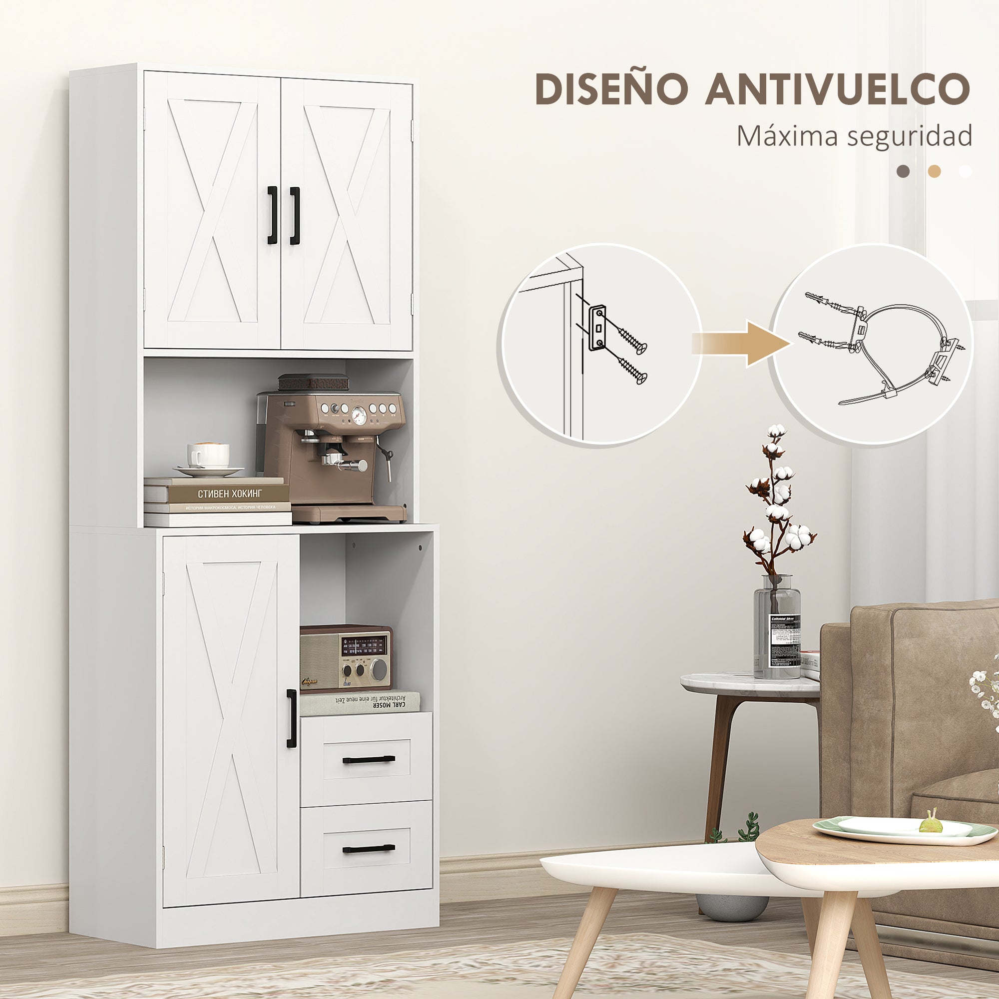 Rustic Kitchen Pantry Kitchen Cabinet Kitchen Storage Cabinet with 3 Doors Open Compartments 2 Drawers Cable Hole and Adjustable Shelves 70x40x180 cm White