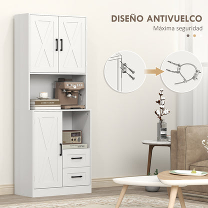 Rustic Kitchen Pantry Kitchen Cabinet Kitchen Storage Cabinet with 3 Doors Open Compartments 2 Drawers Cable Hole and Adjustable Shelves 70x40x180 cm White