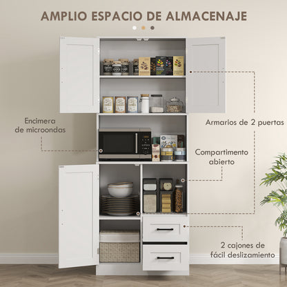 Rustic Kitchen Pantry Kitchen Cabinet Kitchen Storage Cabinet with 3 Doors Open Compartments 2 Drawers Cable Hole and Adjustable Shelves 70x40x180 cm White