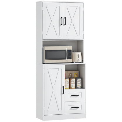 Rustic Kitchen Pantry Kitchen Cabinet Kitchen Storage Cabinet with 3 Doors Open Compartments 2 Drawers Cable Hole and Adjustable Shelves 70x40x180 cm White