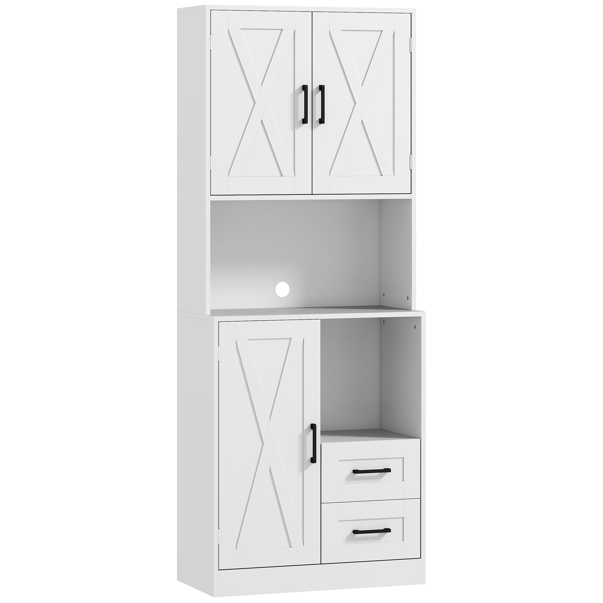 Rustic Kitchen Pantry Kitchen Cabinet Kitchen Storage Cabinet with 3 Doors Open Compartments 2 Drawers Cable Hole and Adjustable Shelves 70x40x180 cm White