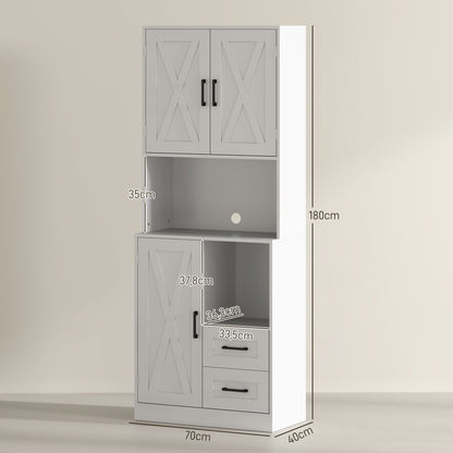 Rustic Kitchen Pantry Kitchen Cabinet Kitchen Storage Cabinet with 3 Doors Open Compartments 2 Drawers Cable Hole and Adjustable Shelves 70x40x180 cm White
