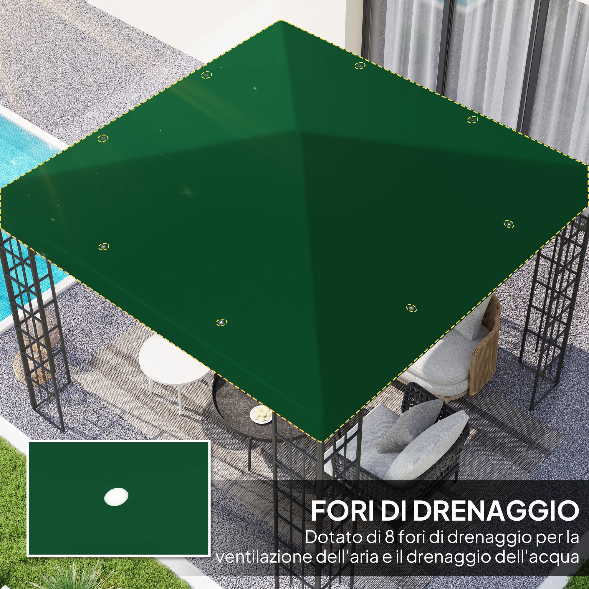Replacement Canopy Cover for 3x3m Garden Gazebo, Water Resistant Oxford Fabric 600D 370g/㎡ Anti-UV 30+ with 8 Drainage Holes, Green