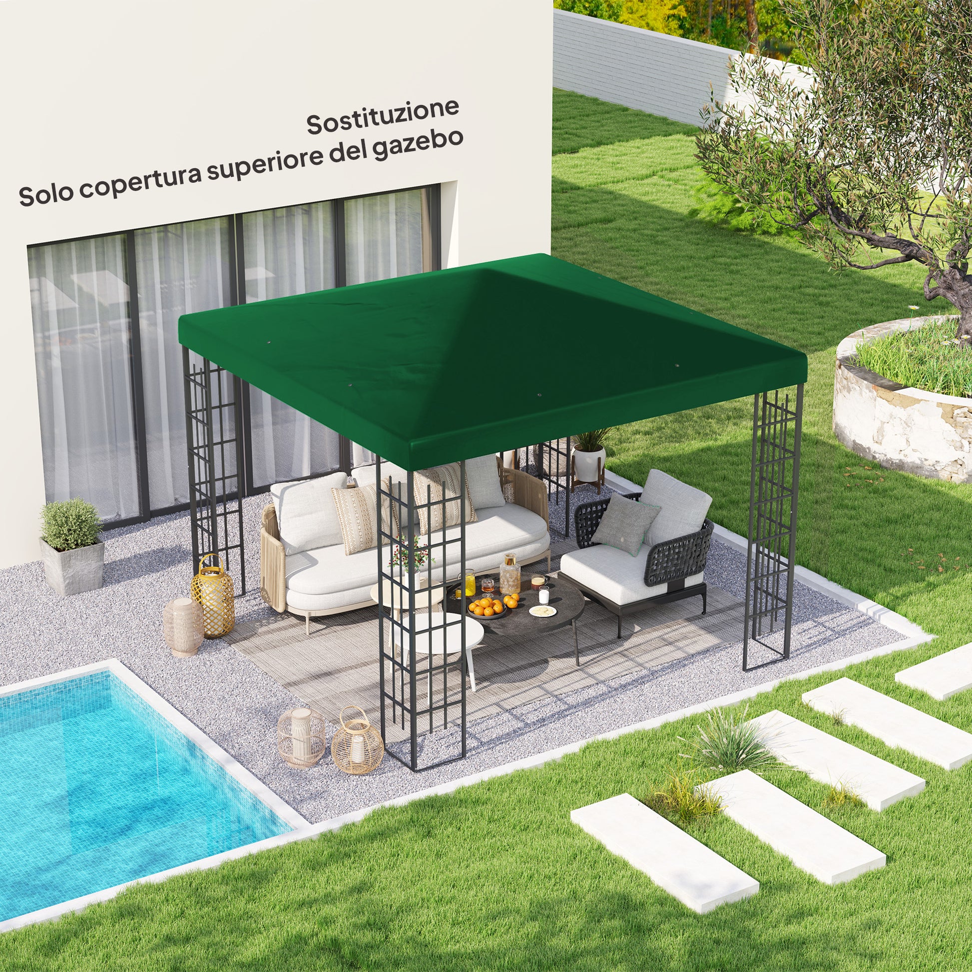 Replacement Canopy Cover for 3x3m Garden Gazebo, Water Resistant Oxford Fabric 600D 370g/㎡ Anti-UV 30+ with 8 Drainage Holes, Green