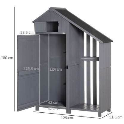 Wooden Garden Cabinet, Weatherproof Tool Shed 129x51.5x180cm, Equipment House with Door, Gable Roof, Tool Cabinet with Shelves, Garden House Tool Cabinet Garden Shed for Garden, Terrace, Gray