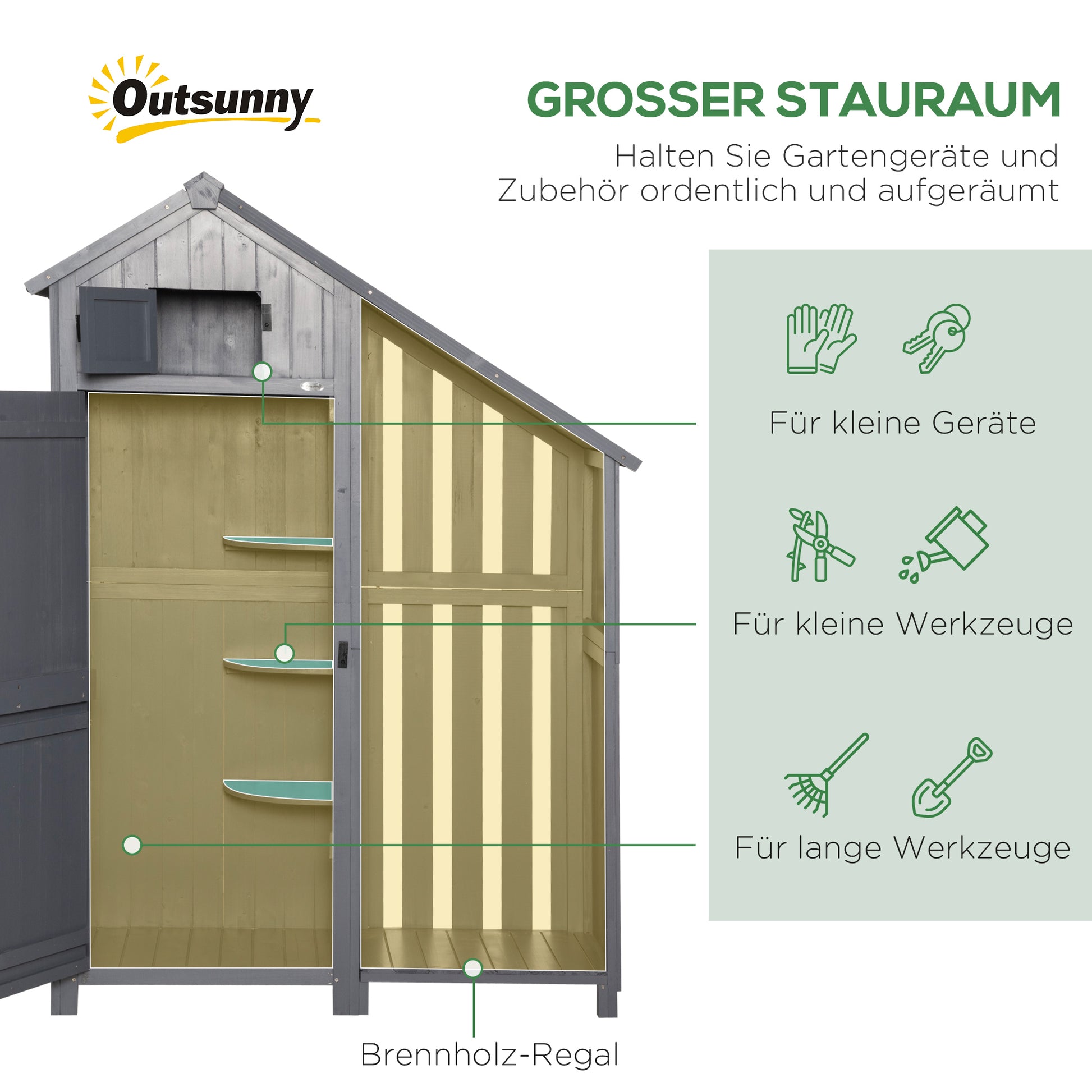 Wooden Garden Cabinet, Weatherproof Tool Shed 129x51.5x180cm, Equipment House with Door, Gable Roof, Tool Cabinet with Shelves, Garden House Tool Cabinet Garden Shed for Garden, Terrace, Gray