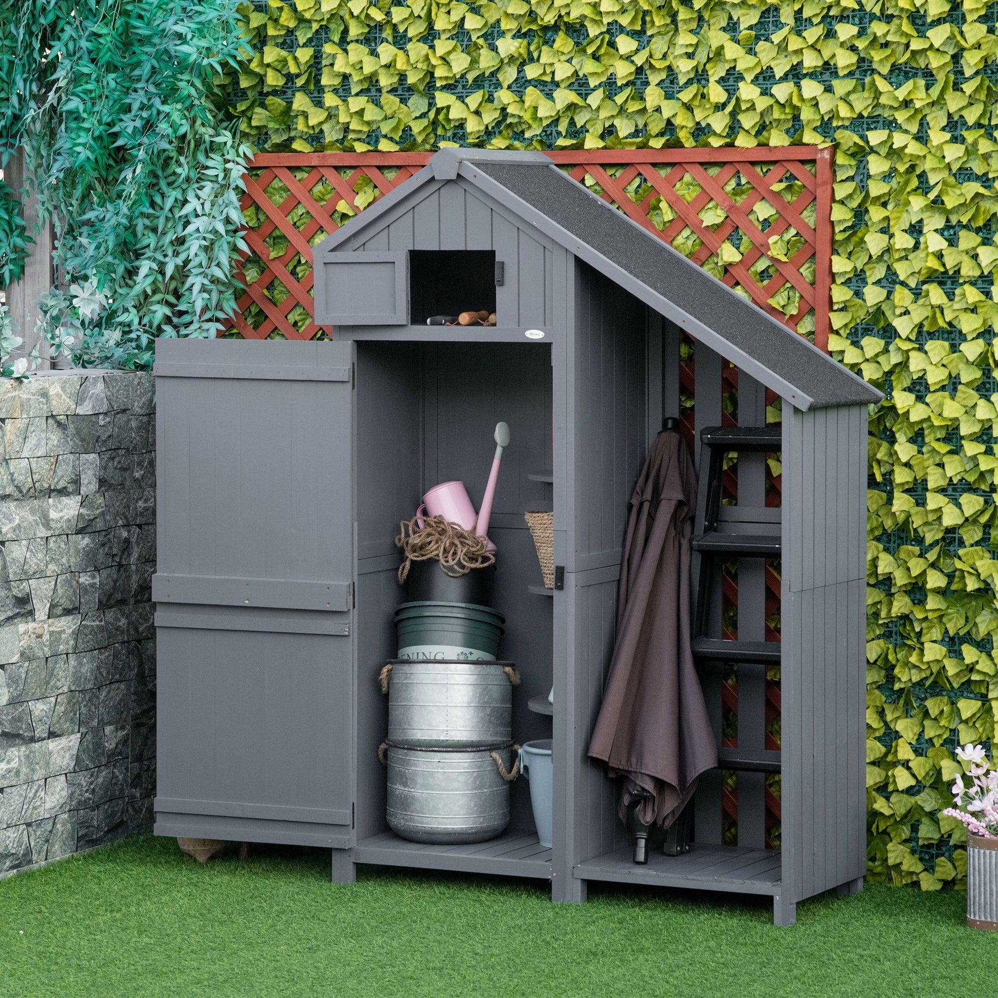 Wooden Garden Cabinet, Weatherproof Tool Shed 129x51.5x180cm, Equipment House with Door, Gable Roof, Tool Cabinet with Shelves, Garden House Tool Cabinet Garden Shed for Garden, Terrace, Gray