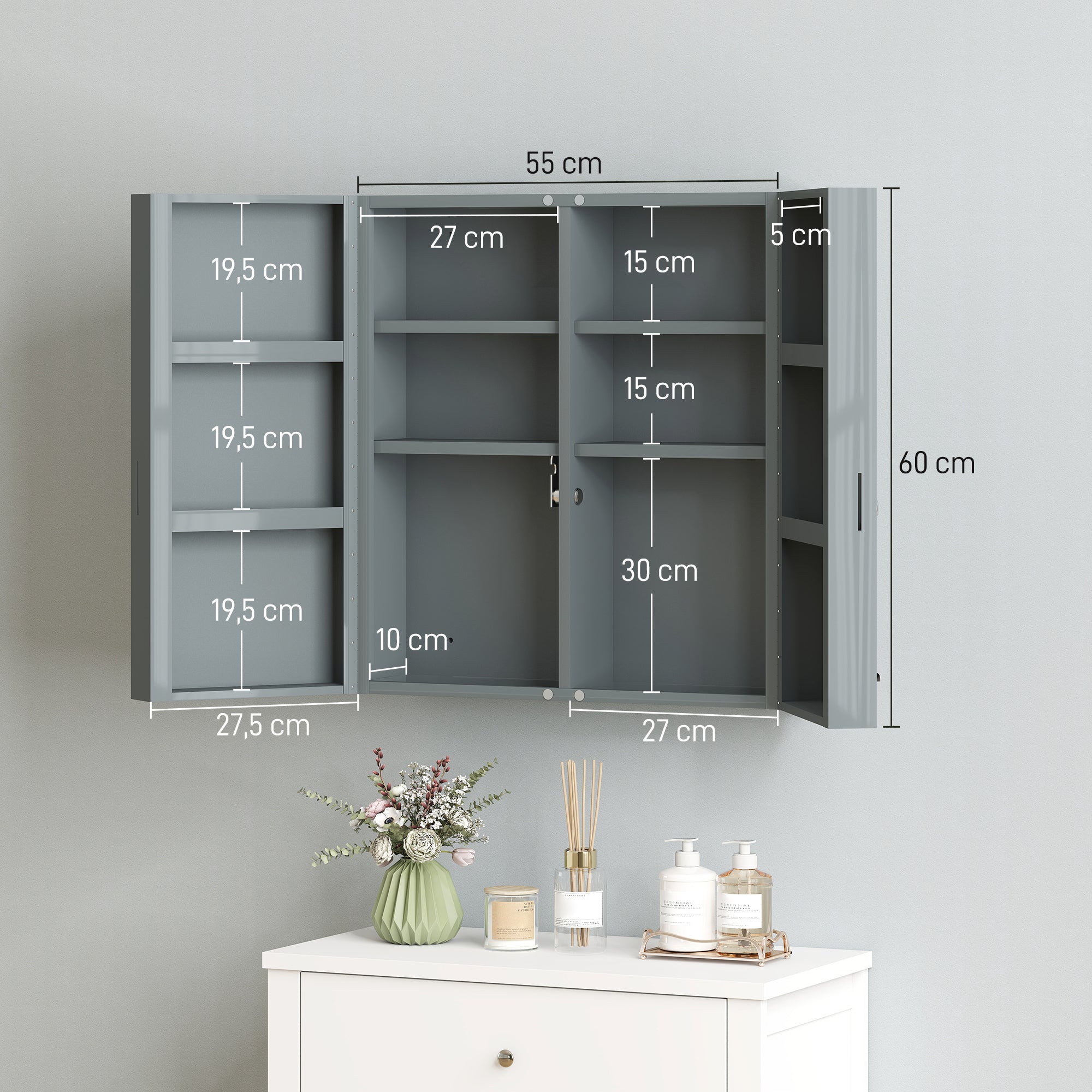 Lockable Medicine Cabinet — 2-Door Steel First-Aid Cabinet with 6 Shelves, Charcoal Gray (21.7 x 7.1 x 23.6 in)