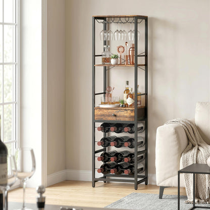12-Bottle Wine Rack with Open Shelf and Drawer, Industrial Metal Wine Shelf for Kitchen, Living Room, Bar — 15.7 x 11.8 x 58.3 in (40 x 30 x 148 cm), Rustic Brown