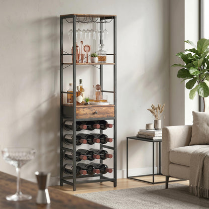 12-Bottle Wine Rack with Open Shelf and Drawer, Industrial Metal Wine Shelf for Kitchen, Living Room, Bar — 15.7 x 11.8 x 58.3 in (40 x 30 x 148 cm), Rustic Brown