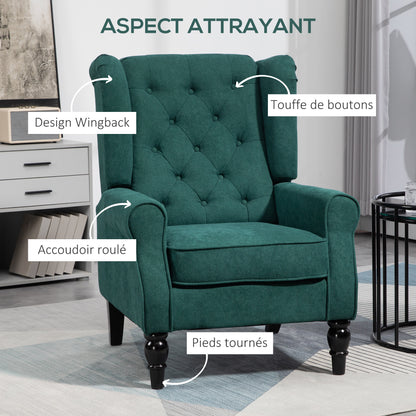 Living Room Armchair, Tufted Armchair with Wooden Legs, Wide Seat, Great Comfort, Classic Style, 74 x 86 x 102 cm, Green