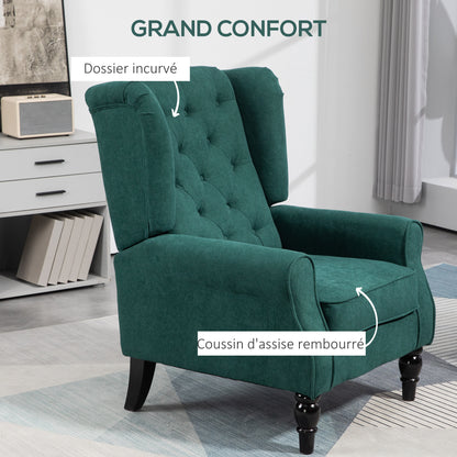 Living Room Armchair, Tufted Armchair with Wooden Legs, Wide Seat, Great Comfort, Classic Style, 74 x 86 x 102 cm, Green