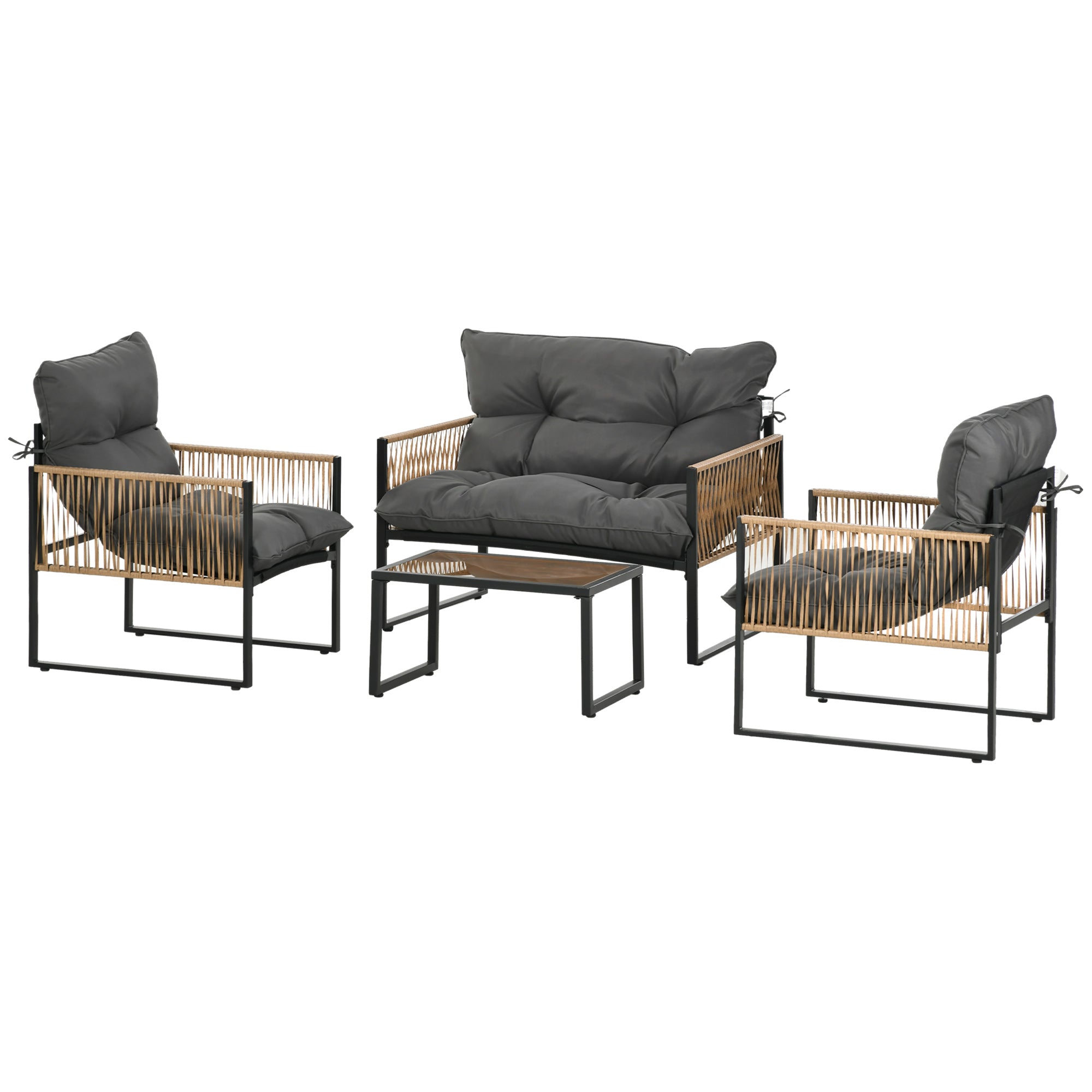 4-Piece Rattan Garden Furniture Set, Seating Group with Cushions, Patio Set with 1 Glass Coffee Table, 2 armchairs, 1 double sofa, Seating Set for Garden, Patio, Steel, Brown