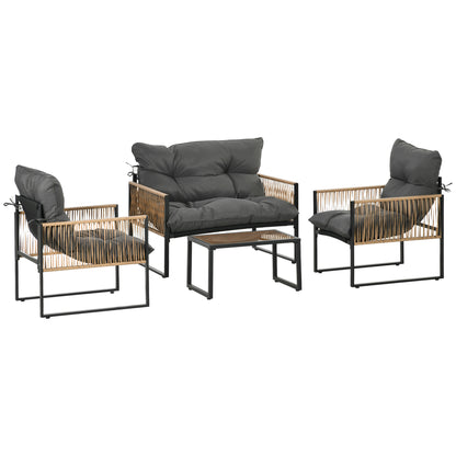 4-Piece Rattan Garden Furniture Set, Seating Group with Cushions, Patio Set with 1 Glass Coffee Table, 2 armchairs, 1 double sofa, Seating Set for Garden, Patio, Steel, Brown