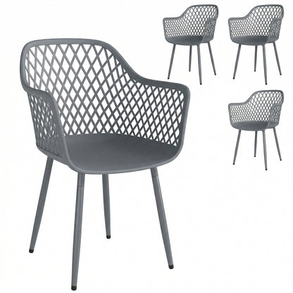 4-Pack Garden Chairs — UV-Resistant Plastic with Armrests & Backrest, Powder-Coated Metal Legs, 120 kg Capacity, Dark Gray