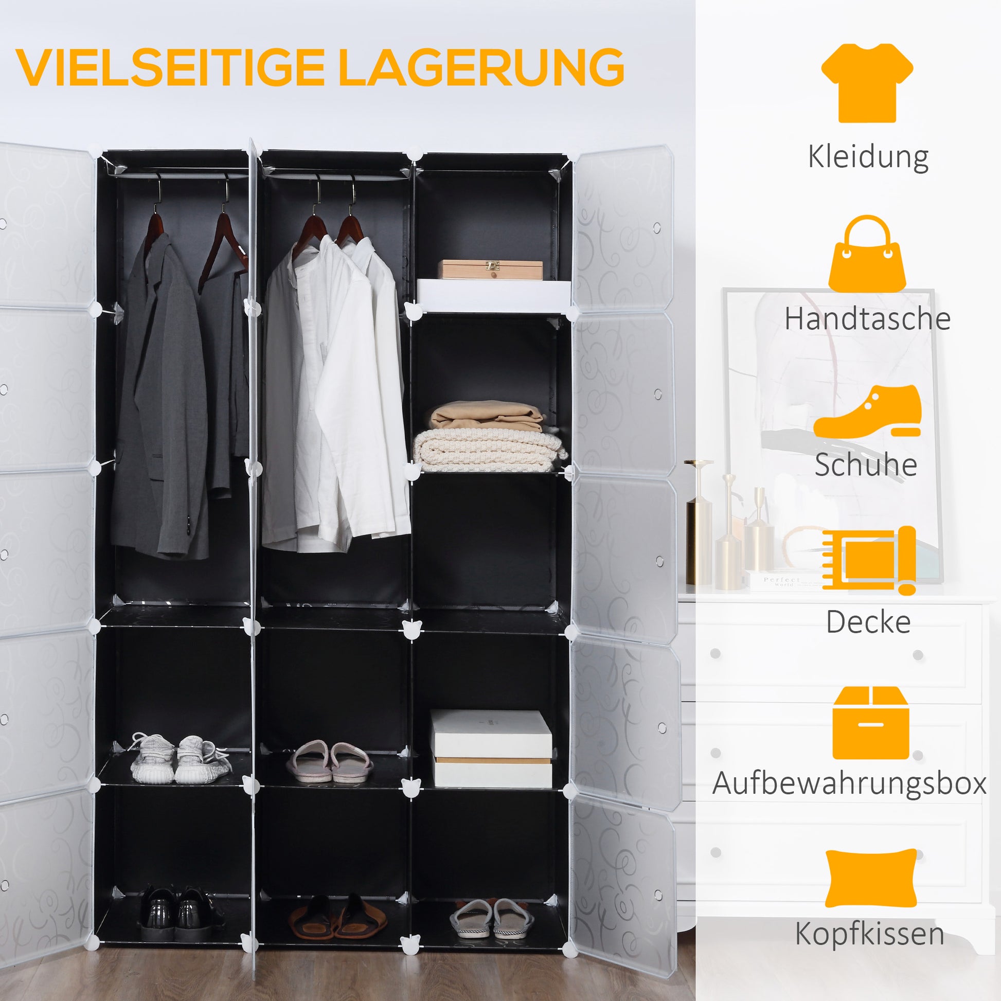 DIY Wardrobe Shelving System with 2 Large and 9 Small Cubes DIY Cube Organizer, Shoe Rack, Storage Rack for Books Toys Black 111 x 47 x 183 cm