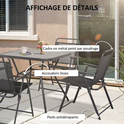 Garden Furniture Set 1 Square Table and 4 Folding Chairs, Epoxy Metal Garden Furniture, 5 Pieces for 4 People - Parasol Hole - Black
