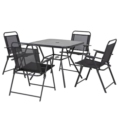 Garden Furniture Set 1 Square Table and 4 Folding Chairs, Epoxy Metal Garden Furniture, 5 Pieces for 4 People - Parasol Hole - Black