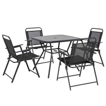 Garden Furniture Set 1 Square Table and 4 Folding Chairs, Epoxy Metal Garden Furniture, 5 Pieces for 4 People - Parasol Hole - Black