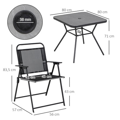 Garden Furniture Set 1 Square Table and 4 Folding Chairs, Epoxy Metal Garden Furniture, 5 Pieces for 4 People - Parasol Hole - Black