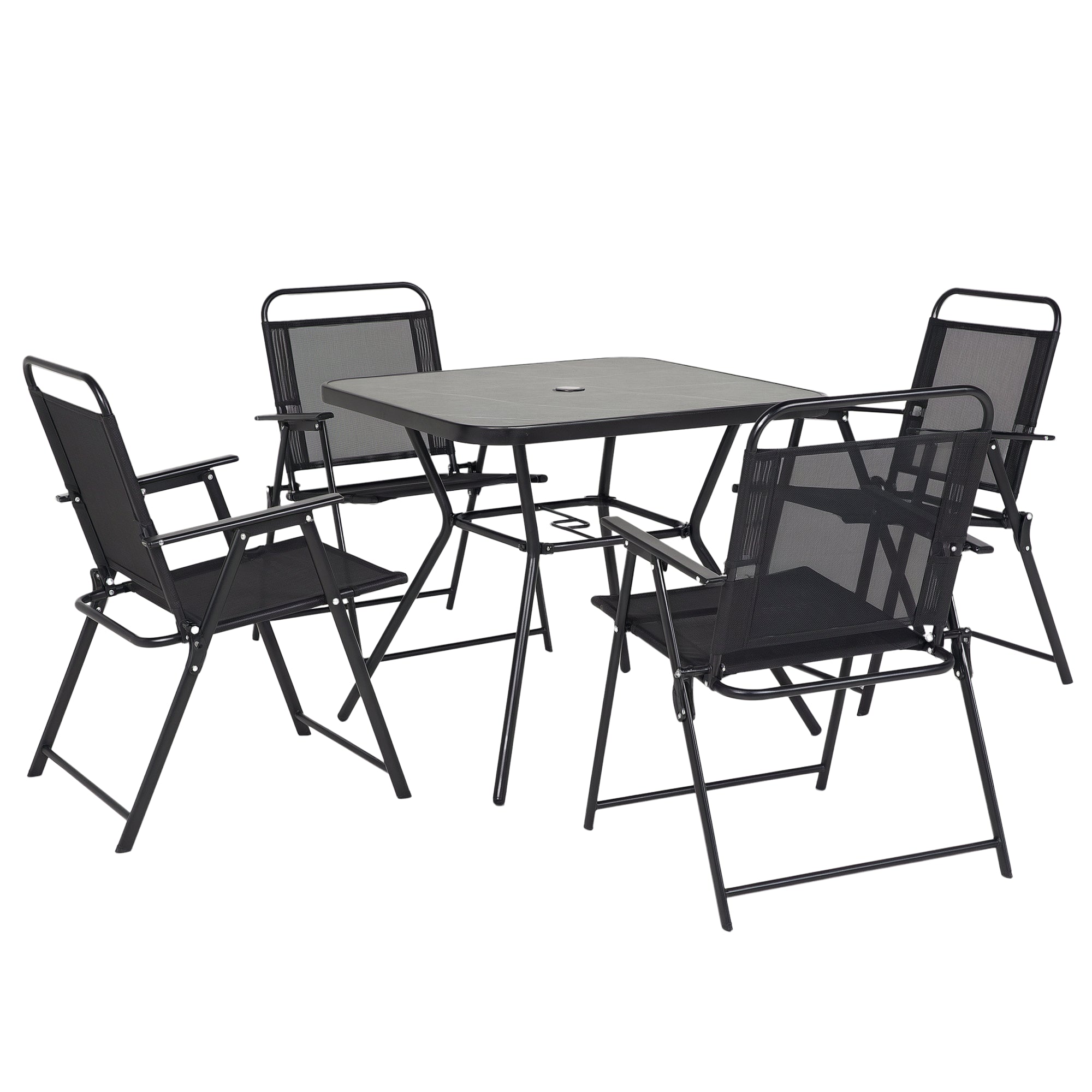 Garden Furniture Set 1 Square Table and 4 Folding Chairs, Epoxy Metal Garden Furniture, 5 Pieces for 4 People - Parasol Hole - Black