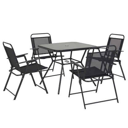 Garden Furniture Set 1 Square Table and 4 Folding Chairs, Epoxy Metal Garden Furniture, 5 Pieces for 4 People - Parasol Hole - Black