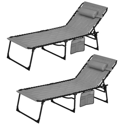 Set of 2 Garden Sun Loungers with Adjustable Backrest and Side Pocket, Steel and Oxford Fabric Sun Lounger, 65x188x36 cm, Grey and Black