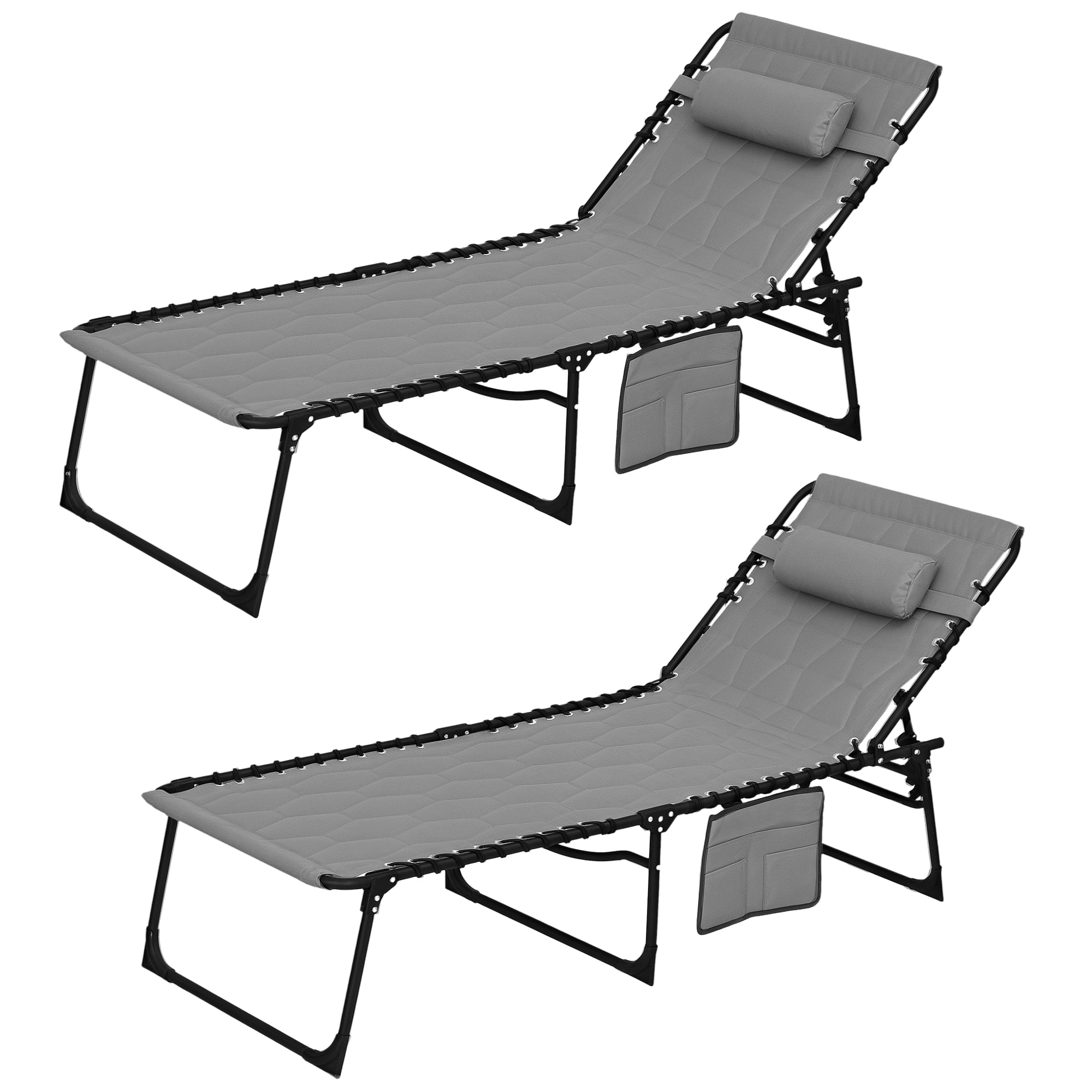 Set of 2 Garden Sun Loungers with Adjustable Backrest and Side Pocket, Steel and Oxford Fabric Sun Lounger, 65x188x36 cm, Grey and Black
