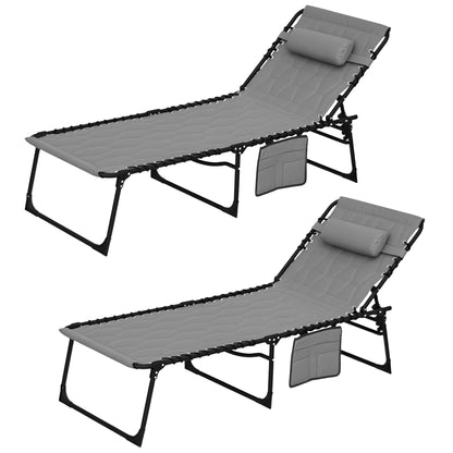 Set of 2 Garden Sun Loungers with Adjustable Backrest and Side Pocket, Steel and Oxford Fabric Sun Lounger, 65x188x36 cm, Grey and Black