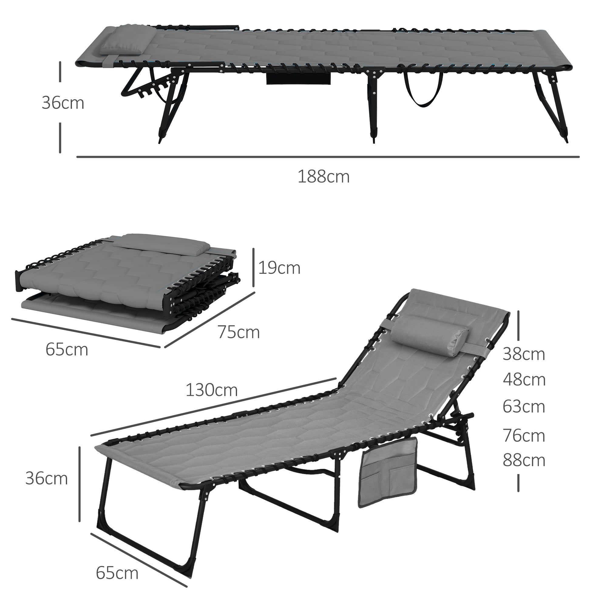 Set of 2 Garden Sun Loungers with Adjustable Backrest and Side Pocket, Steel and Oxford Fabric Sun Lounger, 65x188x36 cm, Grey and Black