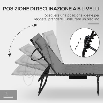 Set of 2 Garden Sun Loungers with Adjustable Backrest and Side Pocket, Steel and Oxford Fabric Sun Lounger, 65x188x36 cm, Grey and Black