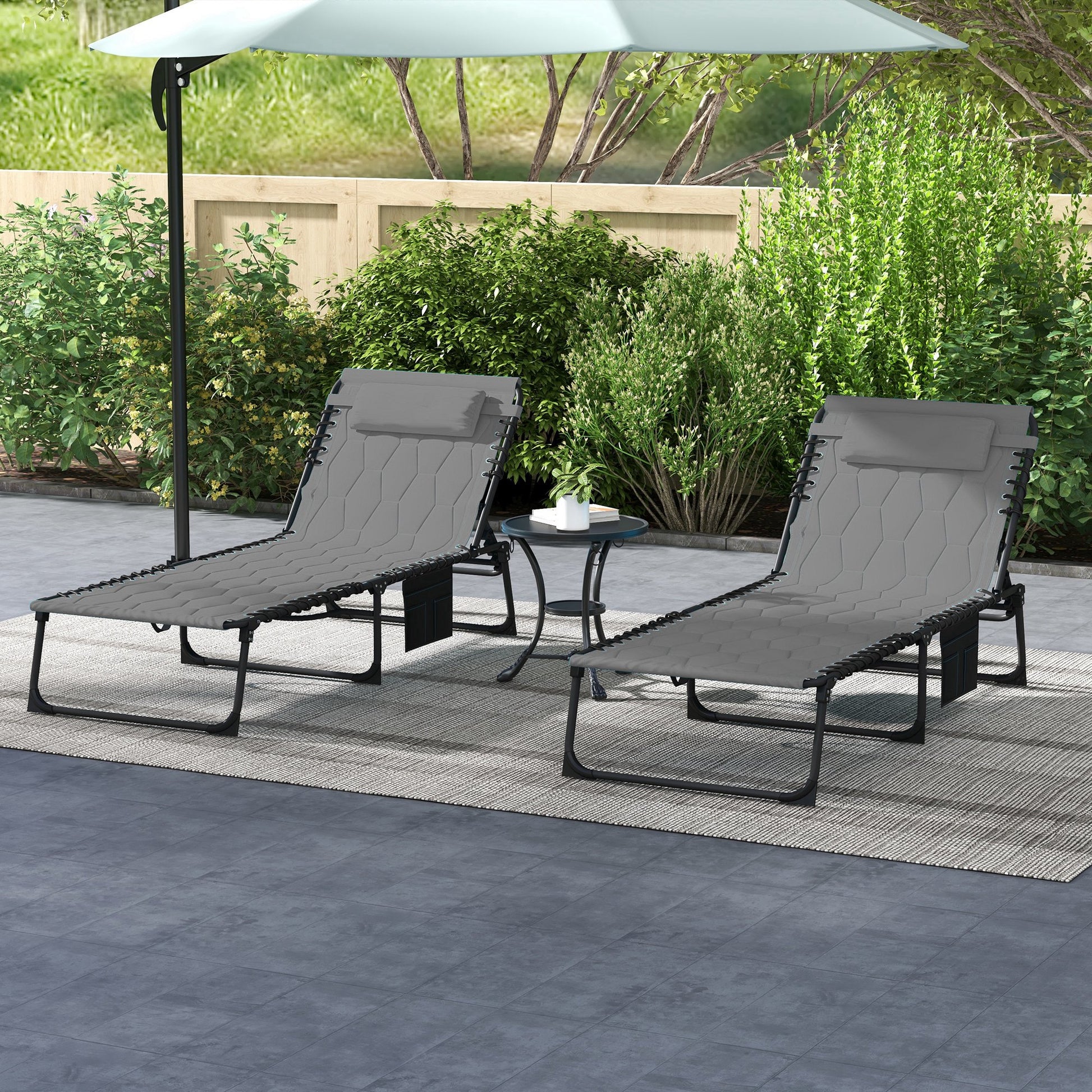 Set of 2 Garden Sun Loungers with Adjustable Backrest and Side Pocket, Steel and Oxford Fabric Sun Lounger, 65x188x36 cm, Grey and Black