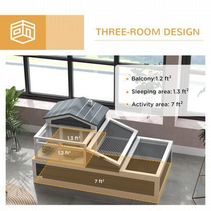Wooden Turtle House — 2-Level Turtle Enclosure with Balcony, Hinged Roof & Pull-Out Tray, Outdoor Reptile Habitat, Gray