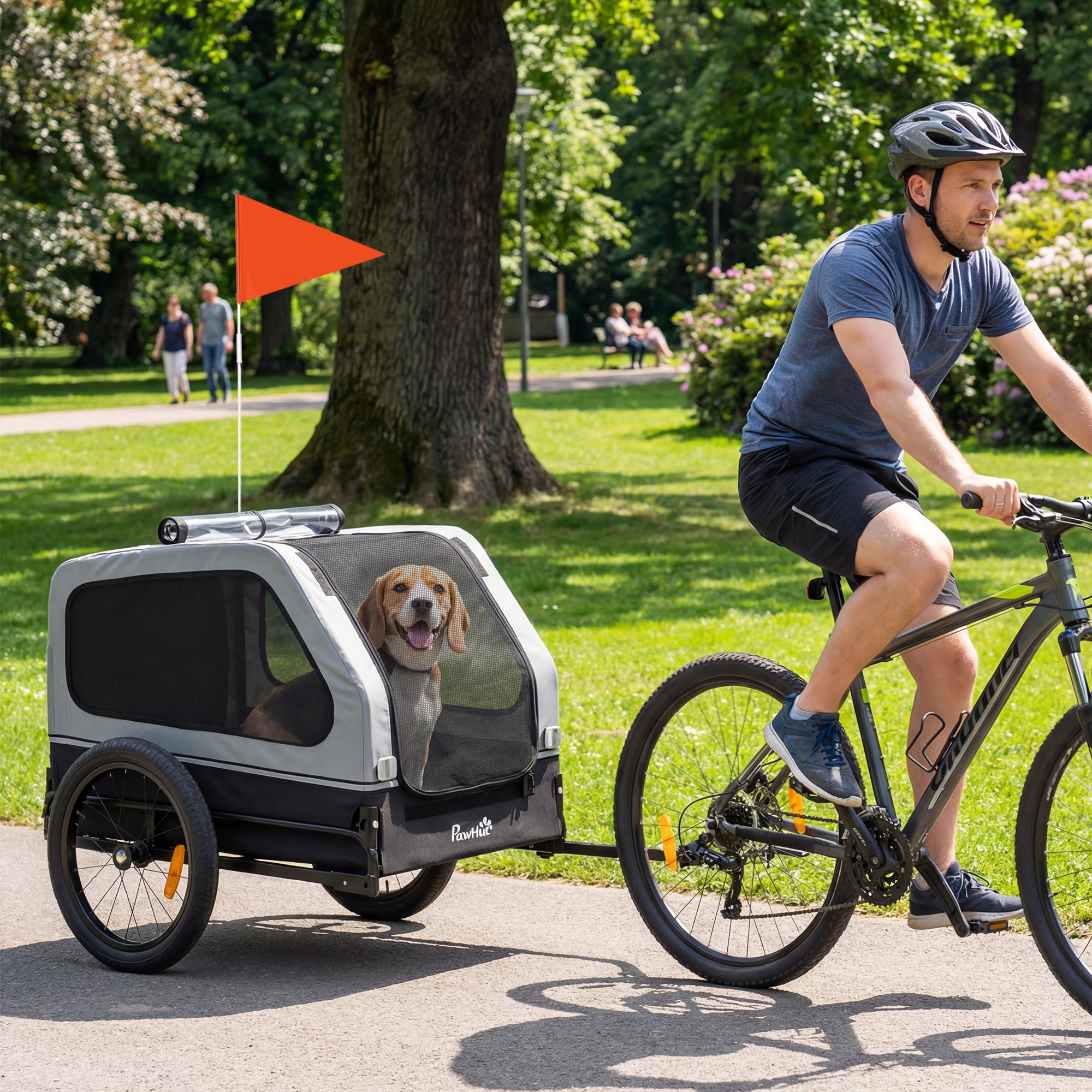 Foldable Dog Bike Trailer — Carrier for Small & Medium Dogs up to 44 lb, Fold-Down Ramp, Reflectors, Safety Leash & Flag, 54.3 x 27.2 x 27.6 in (138 x 69 x 70 cm), Gray