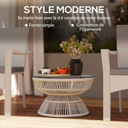 Round Garden Coffee Table, Rattan Wicker Effect Side Table with Tempered Glass Top Ø60 x 37H cm Light Grey