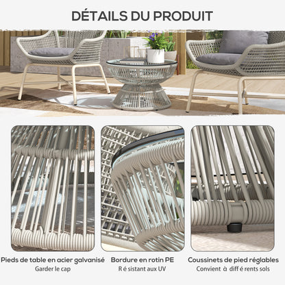 Round Garden Coffee Table, Rattan Wicker Effect Side Table with Tempered Glass Top Ø60 x 37H cm Light Grey