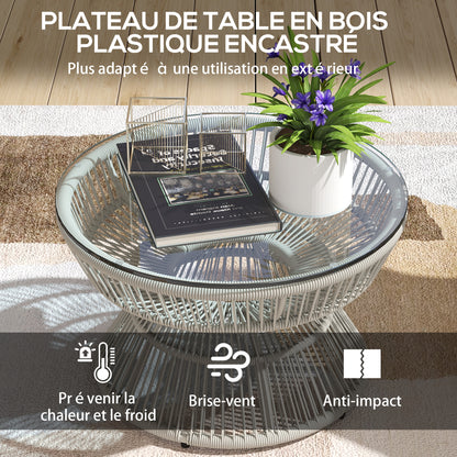 Round Garden Coffee Table, Rattan Wicker Effect Side Table with Tempered Glass Top Ø60 x 37H cm Light Grey