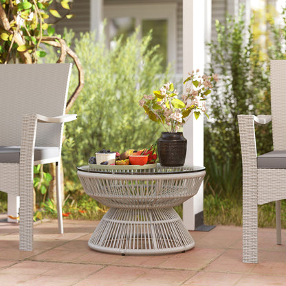 Round Garden Coffee Table, Rattan Wicker Effect Side Table with Tempered Glass Top Ø60 x 37H cm Light Grey