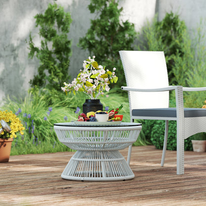 Round Garden Coffee Table, Rattan Wicker Effect Side Table with Tempered Glass Top Ø60 x 37H cm Light Grey