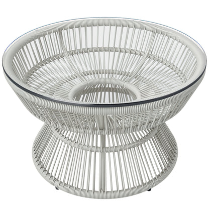Round Garden Coffee Table, Rattan Wicker Effect Side Table with Tempered Glass Top Ø60 x 37H cm Light Grey