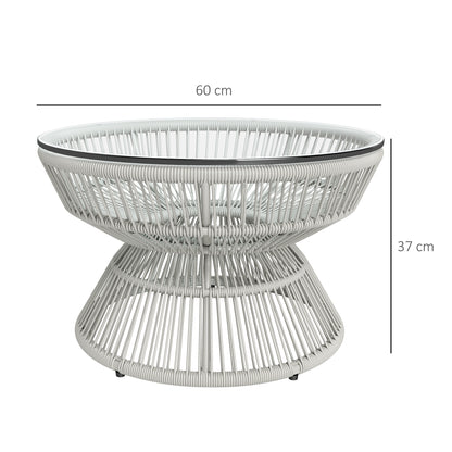 Round Garden Coffee Table, Rattan Wicker Effect Side Table with Tempered Glass Top Ø60 x 37H cm Light Grey