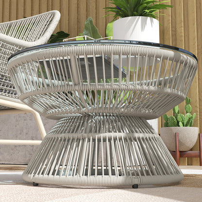 Round Garden Coffee Table, Rattan Wicker Effect Side Table with Tempered Glass Top Ø60 x 37H cm Light Grey