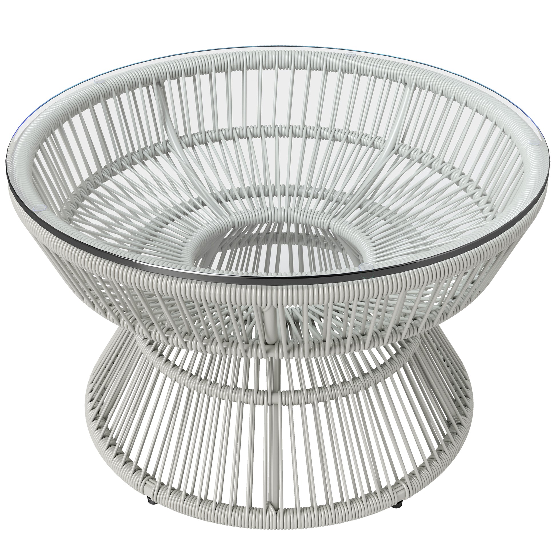 Round Garden Coffee Table, Rattan Wicker Effect Side Table with Tempered Glass Top Ø60 x 37H cm Light Grey