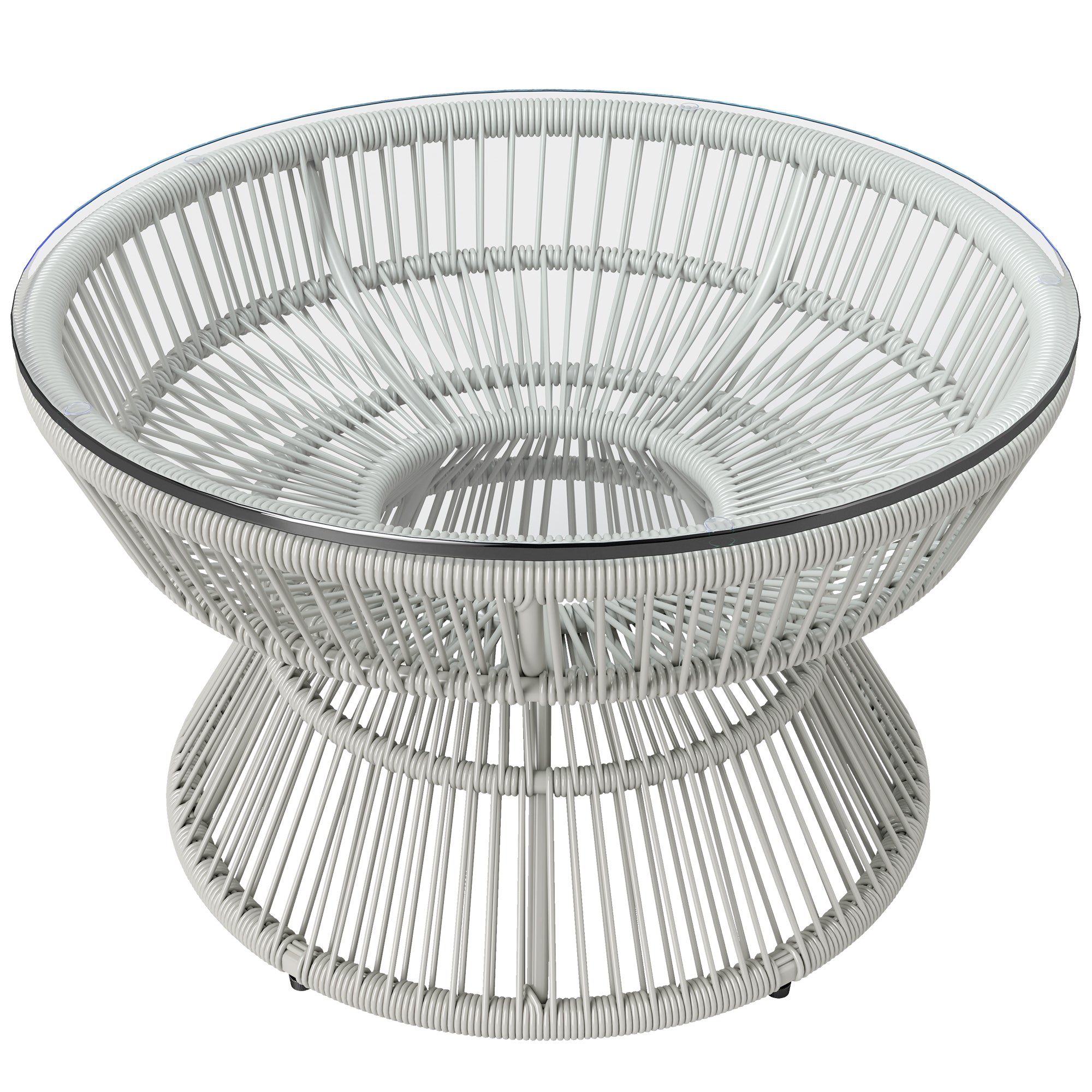 Round Garden Coffee Table, Rattan Wicker Effect Side Table with Tempered Glass Top Ø60 x 37H cm Light Grey